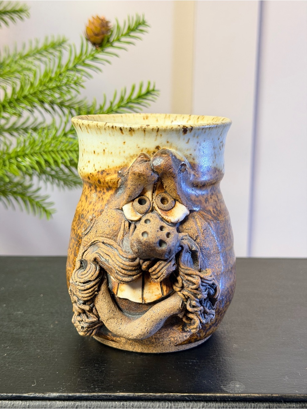 Studio Pottery Ugly Face Mug Brows Toothy Grin Brown Burgundy Folk Art Mug 3D